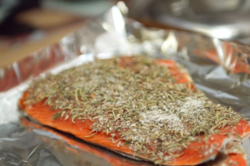 Pre-cooked salmon topped with herbs