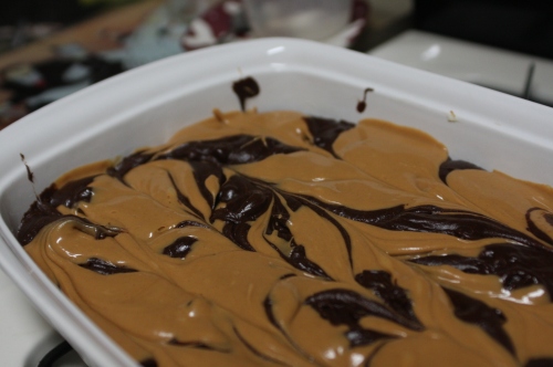 Pre-bake triple chocolate peanut butter brownies
